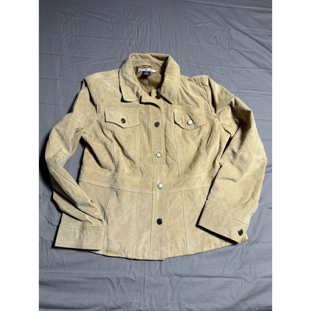 Madison & Max Suede Jacket Women Medium Tan Good Button Front Leather Coat